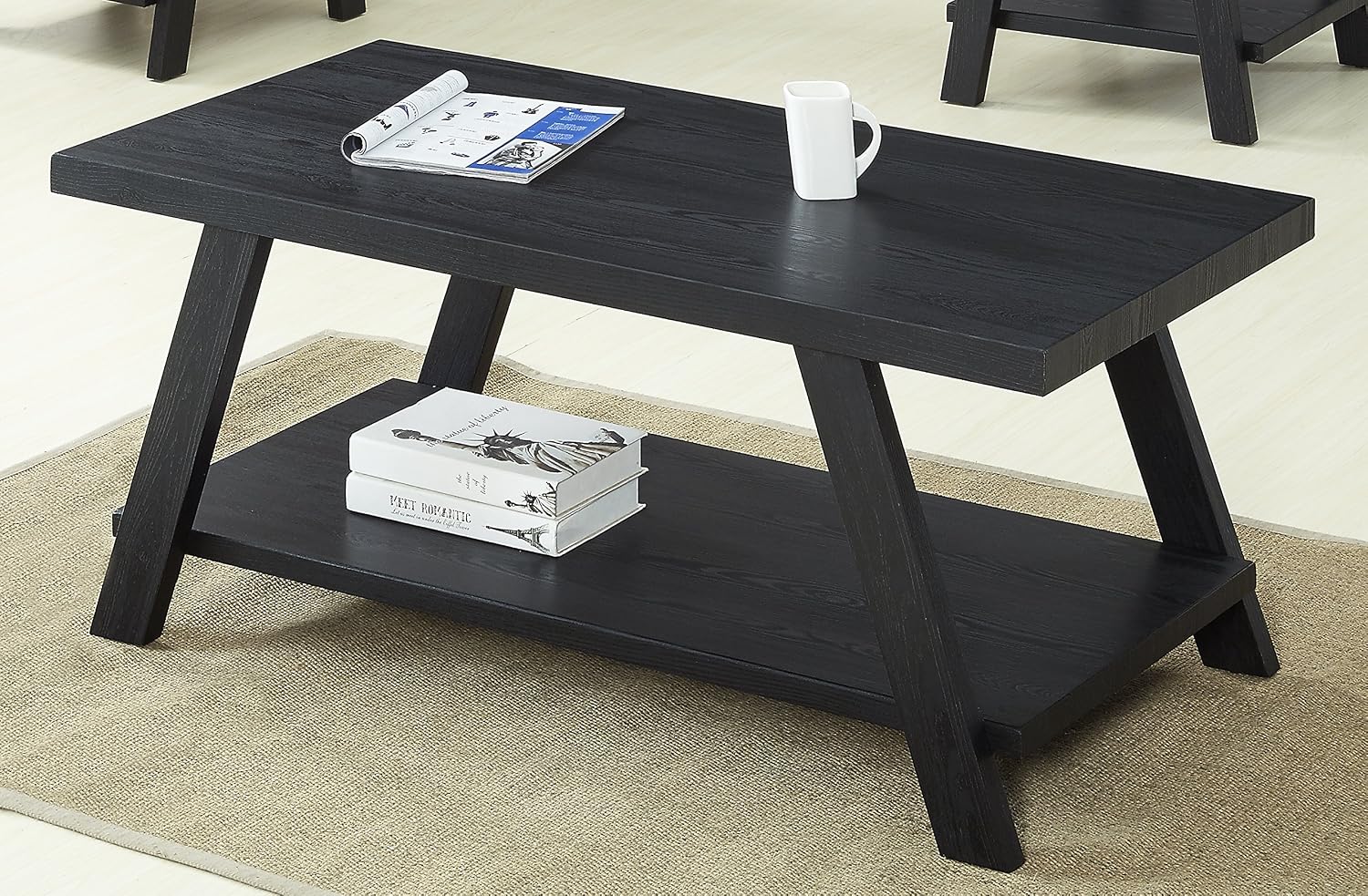 3-Piece Living Room Table Set, Coffee Table& Two End Tables, Side Table with Wood Storage Shelf for Living Room, Bedroom (Black, 48' L x 24' W x 19' H)