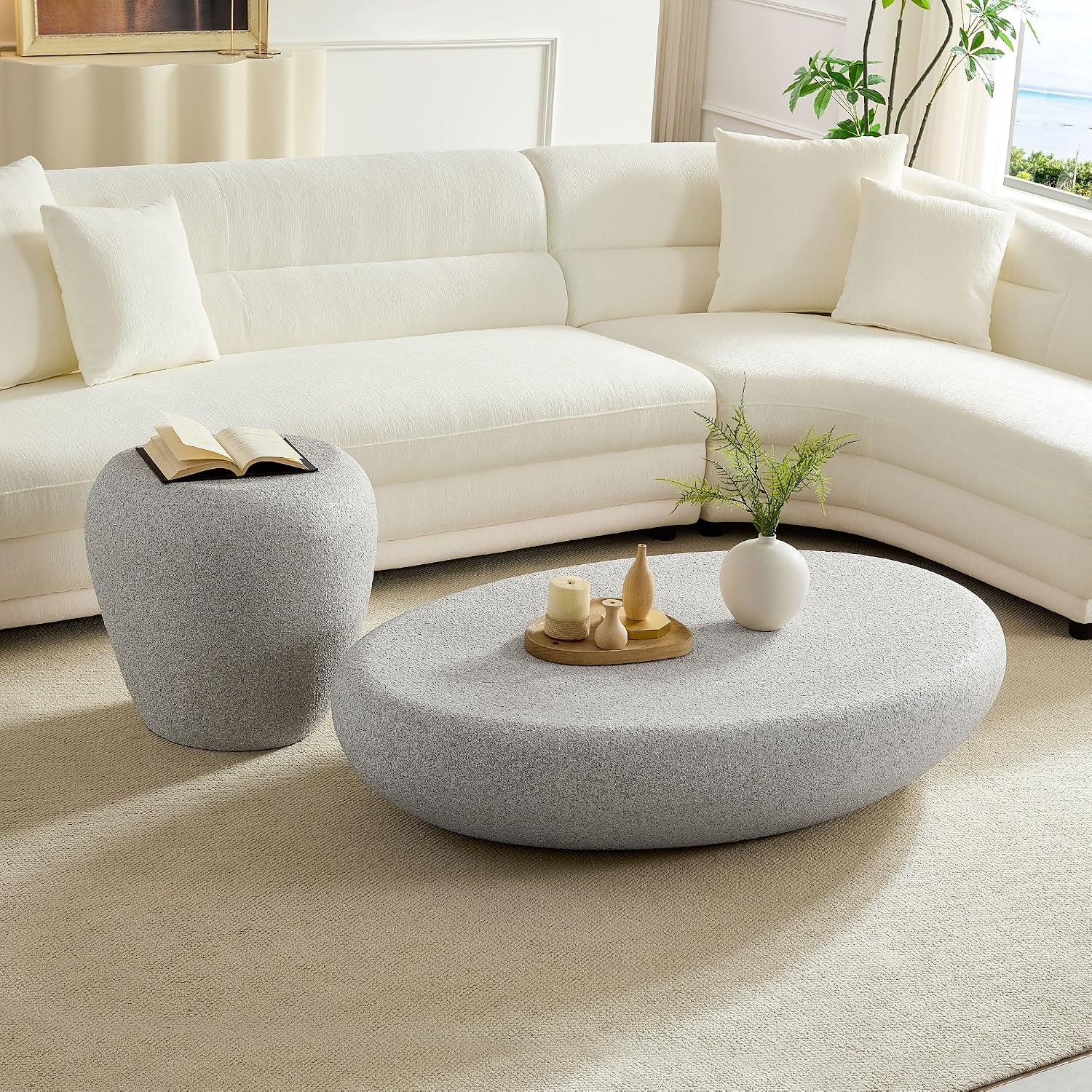 Faux Rock Side Table with Lightly Rought Rock Design,Irregular Drum End Table Fiberglass Accent Stone-Like Nightstand for Living Room,No Assembly
