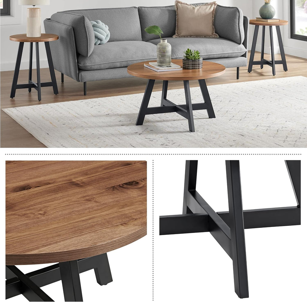 Lavish Home 3-Piece Coffee Table Set - Industrial Modern Round Coffee Table and 2 Side Tables - for Living Room, Apartment, or Dorm Room (Walnut)