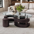 Glass Coffee Table Set with 2 Stools, 49' Oval Coffee Table with Tempered Glass Table Top and 2 Leather Stools, Modern Glass Center Table for Living Room, Home Office
