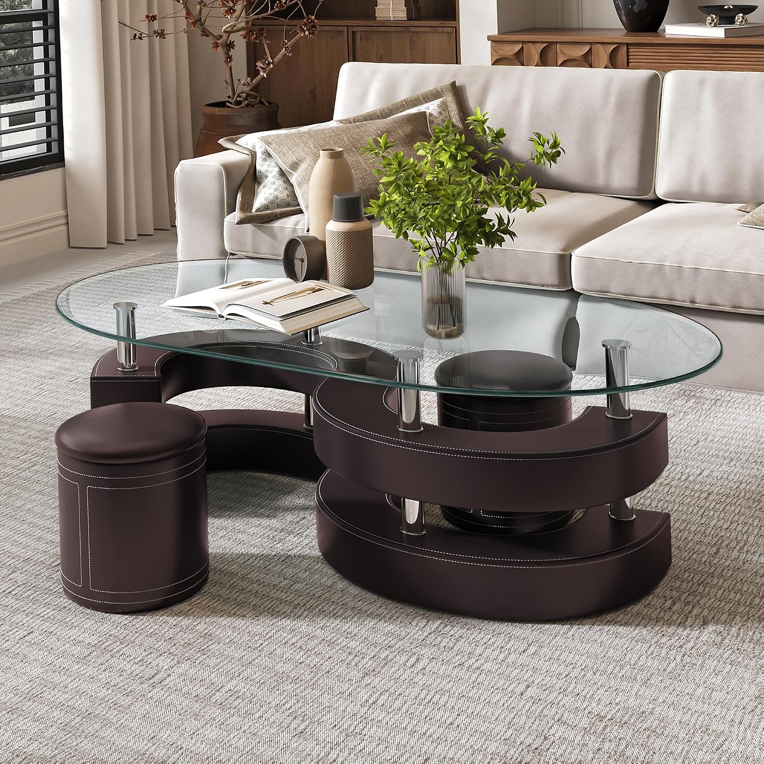 Glass Coffee Table Set with 2 Stools, 49' Oval Coffee Table with Tempered Glass Table Top and 2 Leather Stools, Modern Glass Center Table for Living Room, Home Office