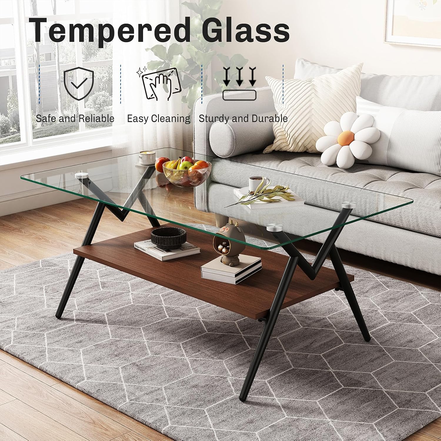 ODUSE-DAILY Coffee Table and End Table 3 Piece Living Room Set, Black Metal Frame Glass Top End Tables, Square Top Shelf, Sofa or Couch Side Tables, Mesa de Centro para Sala (3 Pcs)