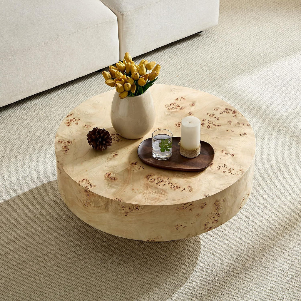 Round Coffee Table, 31.49' Modern Burl Wood Veneer Coffee Table with Pedestal, Circular Center Table Accent Side Table for Living Room Apartment, Oak