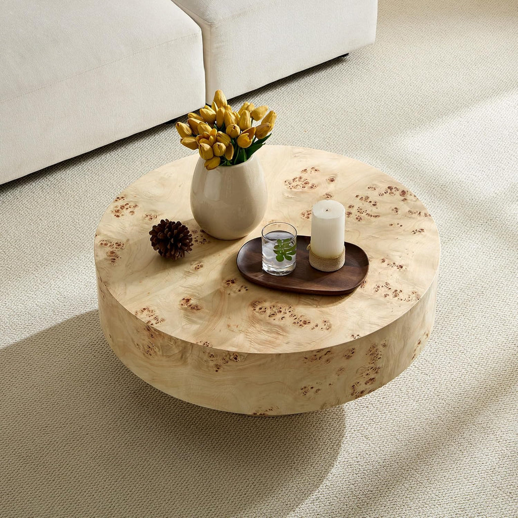 WILLIAMSPACE 31.49' Round Coffee Table with Burl Wood Veneer & Pedestal, Modern Wood Circle Drum Center Table for Living Room, Circular Accent Side End Table for Apartment, 13.77' H (Natural Burl)