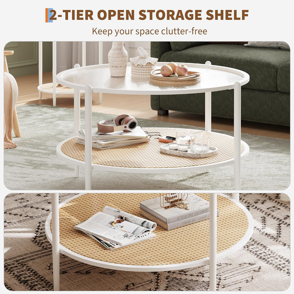 30' Round Rattan Coffee Table, 2-Tier White Gold Glass Storage Center Table for Living Room, Modern Circle Small Round Coffee Table with Tempered Water-Wave Glass Top & Metal Frame for Bedroom, Office