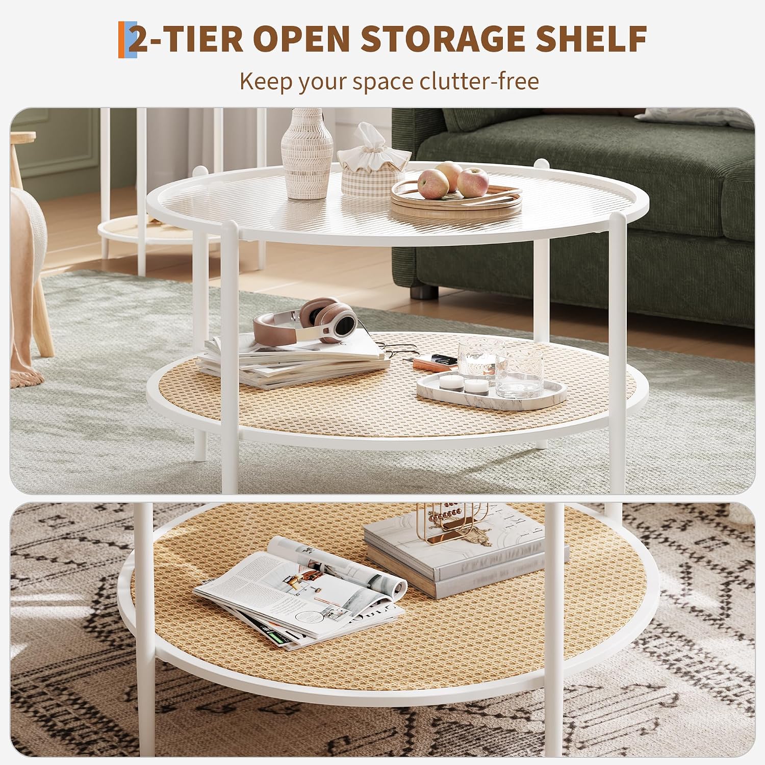 30' Round Rattan Coffee Table, 2-Tier White Gold Glass Storage Center Table for Living Room, Modern Circle Small Round Coffee Table with Tempered Water-Wave Glass Top & Metal Frame for Bedroom, Office