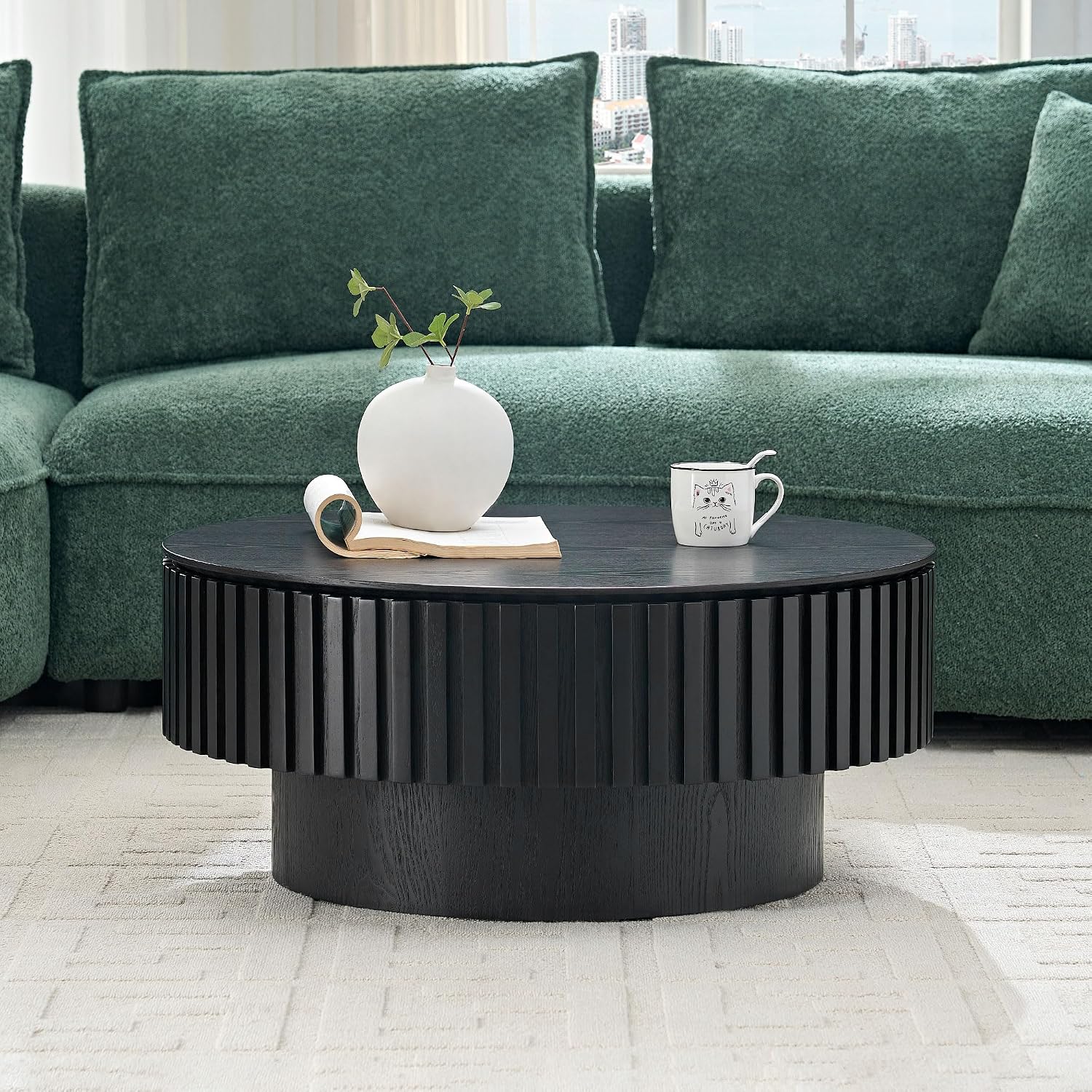 WILLIAMSPACE 31.49' Round Coffee Table with Storage for Living Room, Modern Circle Center Table with Solid Wood Veneered & Sturdy Pedestal, Accent End Tea Table for Apartment - Black