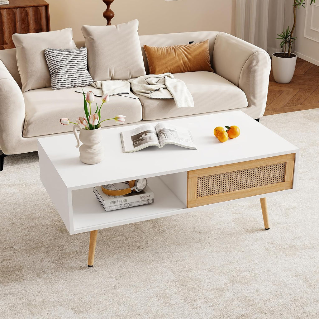 Rattan Center Table and Nightstand Set, 3-Piece Wood Living Room Table Set Includes 1 Boho Coffee Table & 2 End Tables, Sets for Living Room Accent Furniture