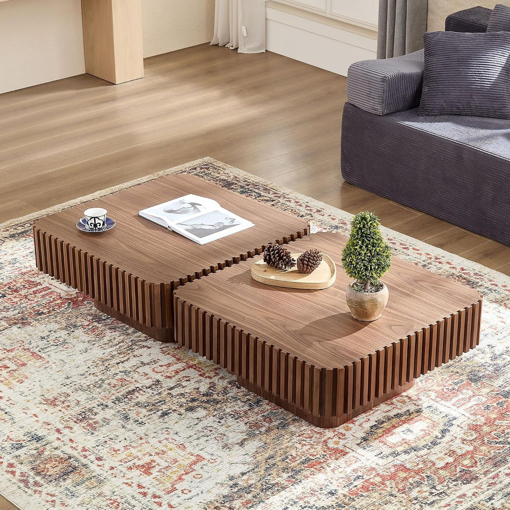 WILLIAMSPACE 31.5' Square Coffee Table with Sturdy Base, Modern Luxury Wood Drum Center Table Accent End Side Table for Living Room, Minimalist Fluted Design, Walnut
