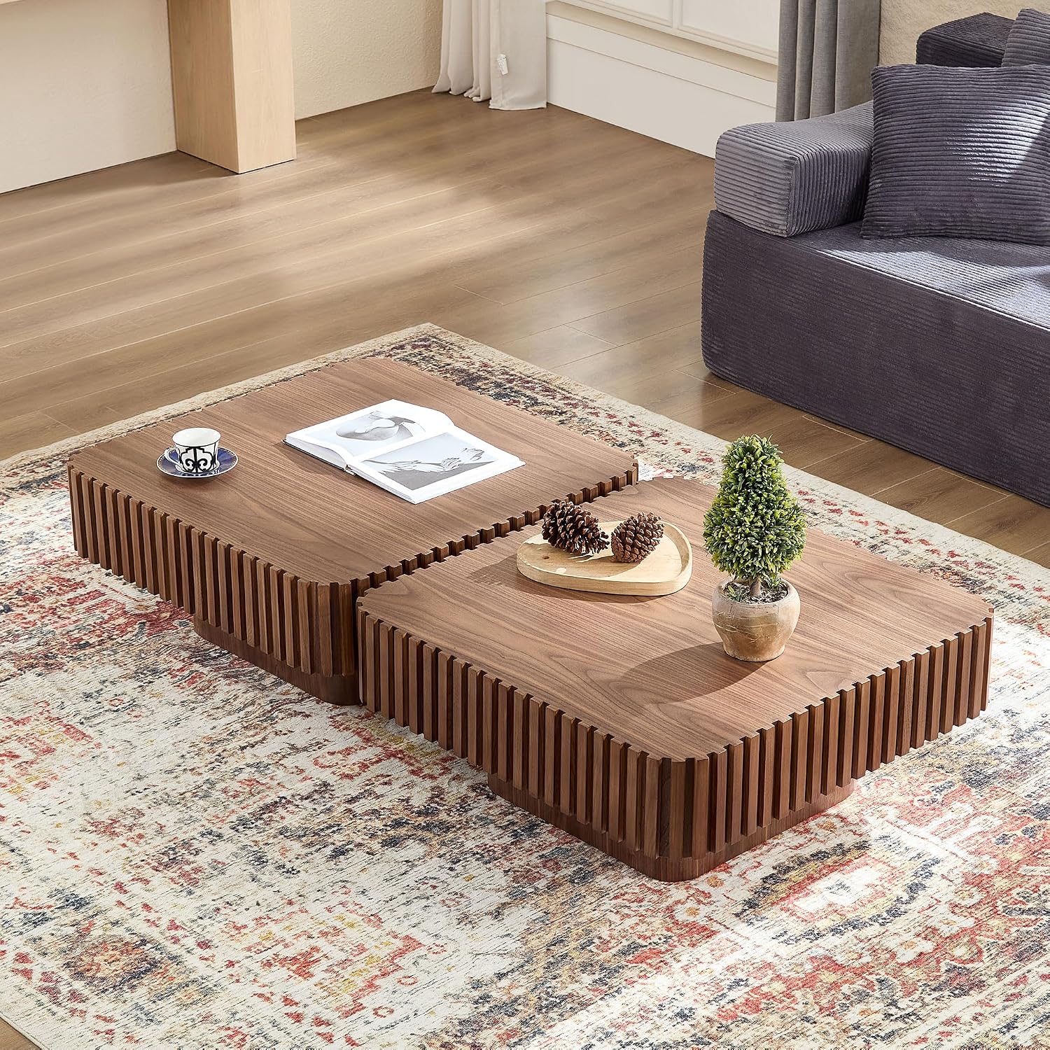WILLIAMSPACE 31.5' Square Coffee Table with Sturdy Base, Modern Luxury Wood Drum Center Table Accent End Side Table for Living Room, Minimalist Fluted Design, Walnut