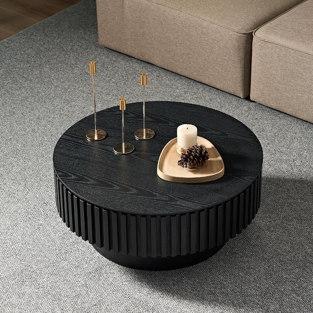 WILLIAMSPACE 31.49' Round Coffee Table with Storage for Living Room, Modern Circle Center Table with Solid Wood Veneered & Sturdy Pedestal, Accent End Tea Table for Apartment - Black
