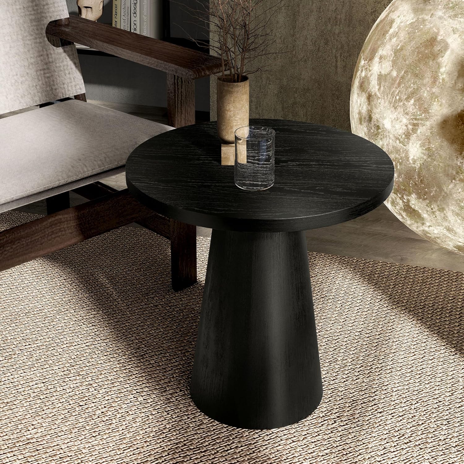 Furniture of America Crambel Modern Solid Wood 20-inch Round End Table with Cone-Shaped Pedestal Base, Living Room Furniture for Small Space, Home Office, Black