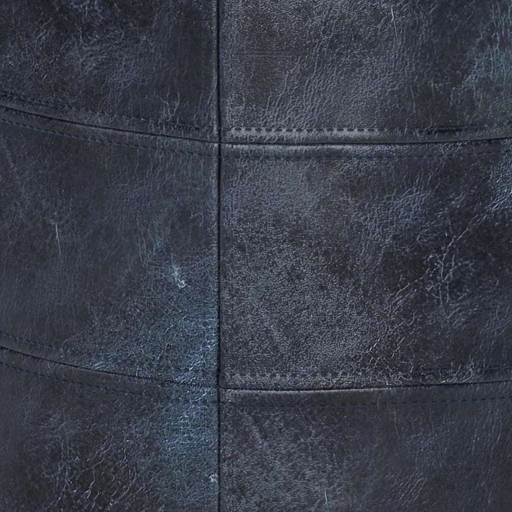 SIMPLIHOME Connor Round Pouf - 18 inch Wide Upholstered Genuine Leather Ottoman in Distressed Navy Blue, Boho Footstool or Extra Seating for Living Room or Bedroom with Polystyrene Filling, Assembled