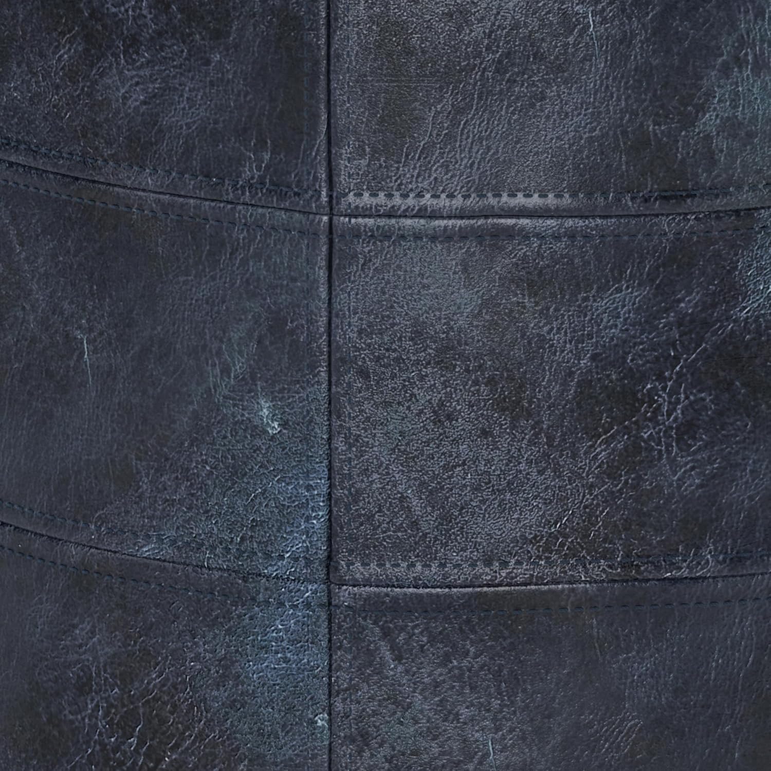SIMPLIHOME Connor Round Pouf - 18 inch Wide Upholstered Genuine Leather Ottoman in Distressed Navy Blue, Boho Footstool or Extra Seating for Living Room or Bedroom with Polystyrene Filling, Assembled