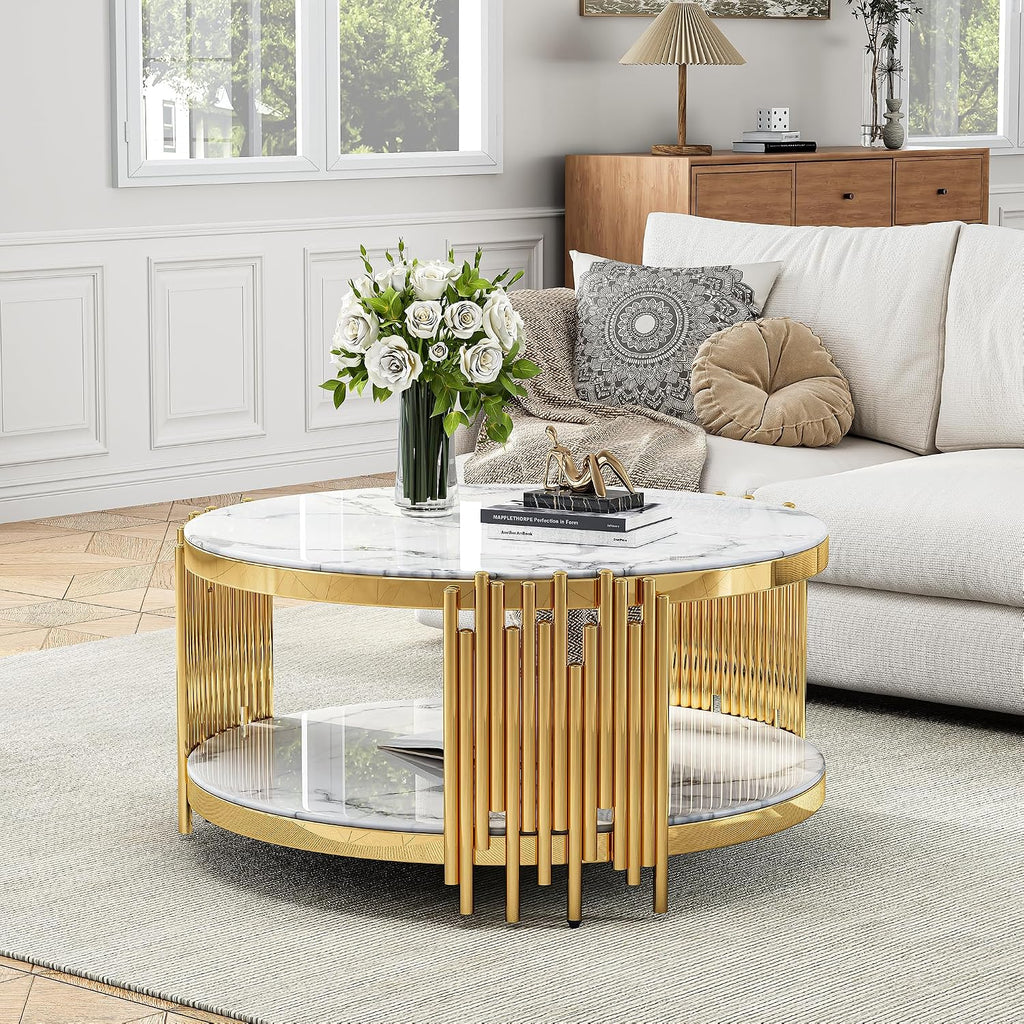 Round 2-Tier Coffee Table, 37' White Faux Marble Top and Gold Stainless Steel Frame, Luxury Modern Center Table for Living Room, Office or Apartment