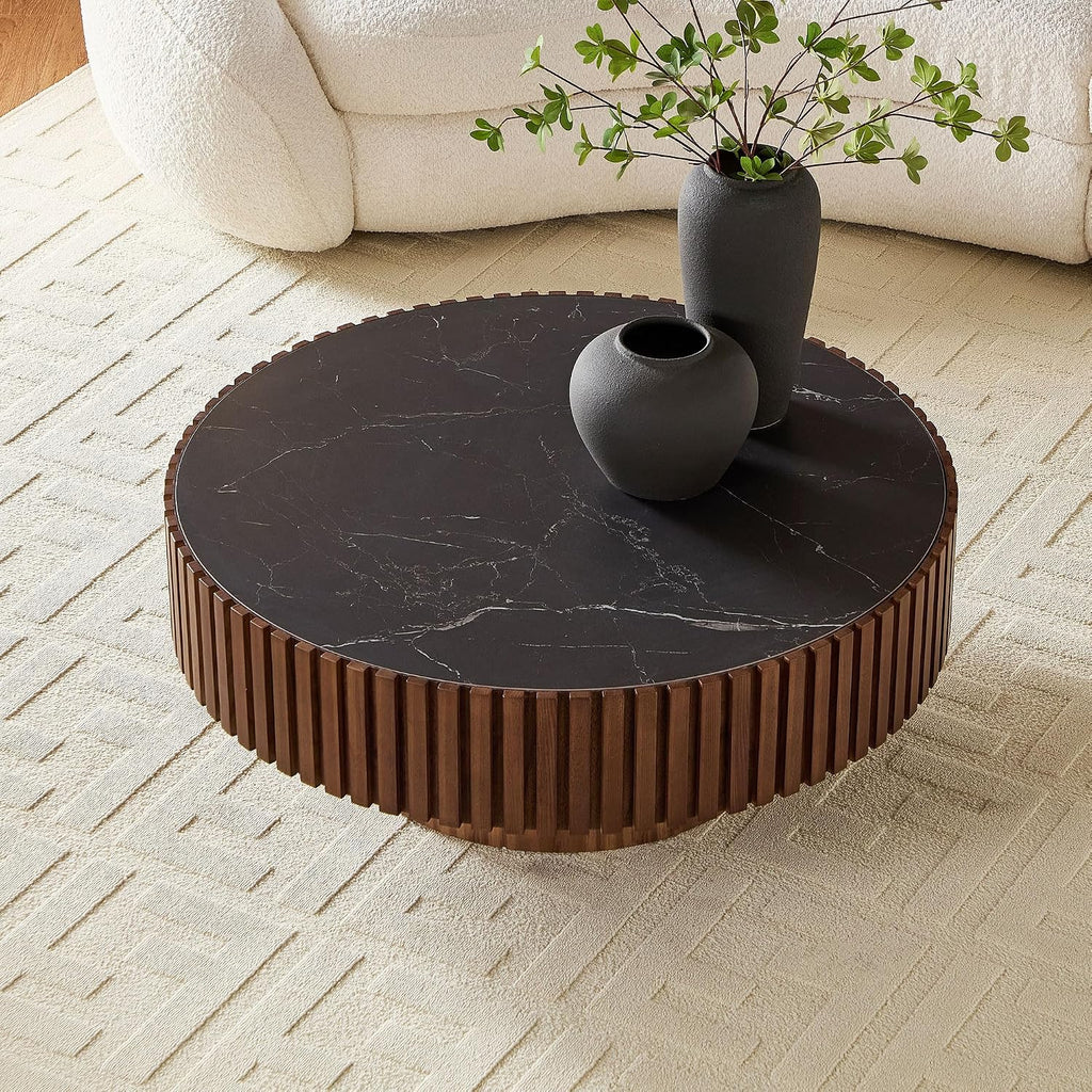 WILLIAMSPACE 35.43' Round Coffee Table with Sintered Stone Tabletop, Modern Farmhouse Wood Circle Drum Center Table for Living Room, Accent Side End Table for Apartment, 13.77' H (Walnut+Black)