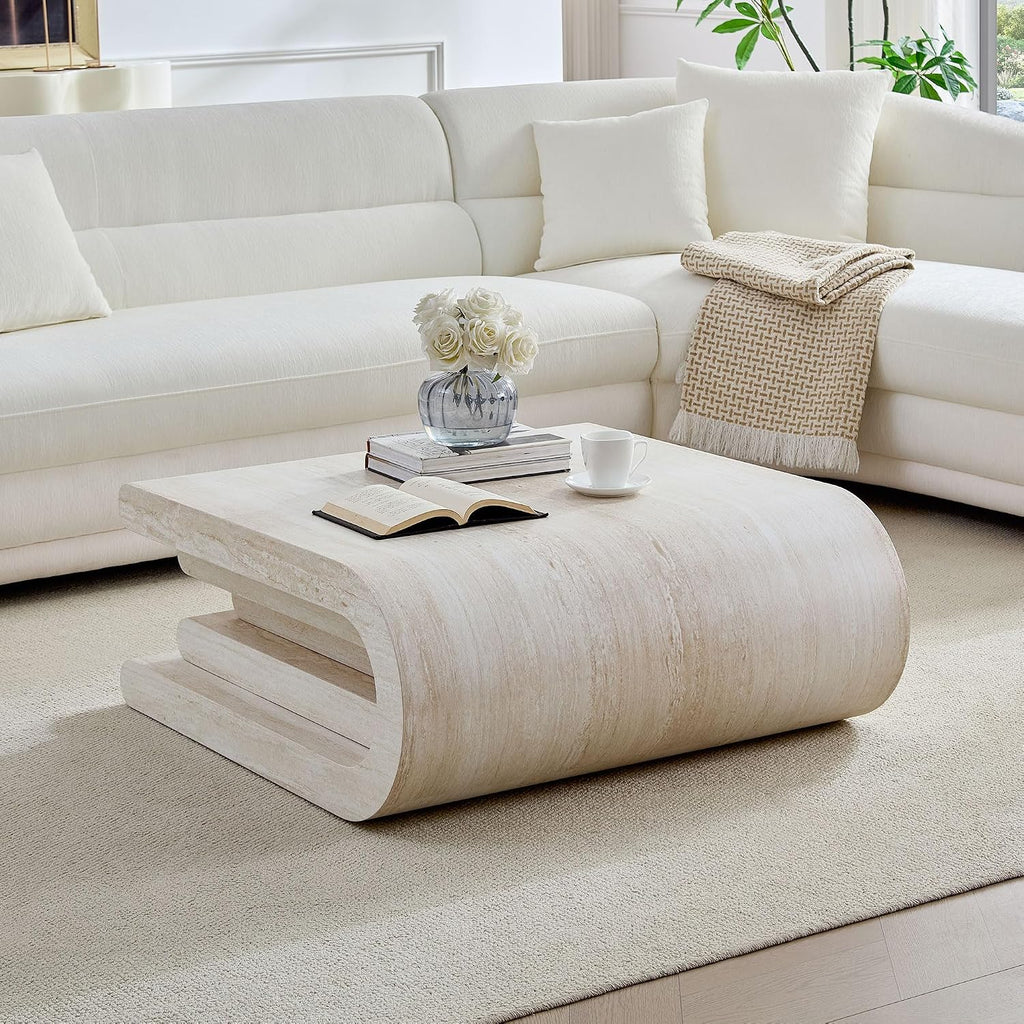 WILLIAMSPACE 33.86' Square Coffee Table with Faux Mars Pattern, Modern Irregular Center Table with Layered Base, Accent MDF Side Tea Table for Living Room Apartment,No Need Assembly (Mars Pattern)