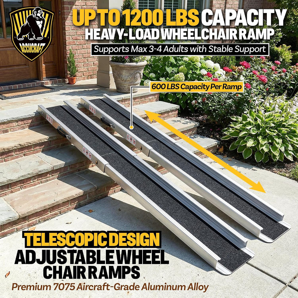 Upgrade 7FT Portable Wheelchair Ramp 2 Pack, 1200 LBS Heavy Duty Load Capacity, Adjustable Aluminum Threshold Ramp with Handle, Non-Slip Handicap Ramp for Home Steps, Doorways, Curbs, Stairs, Vehicles