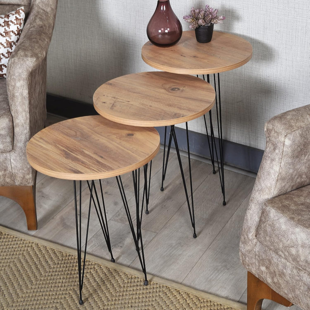 Set of 3 Pine Wood Nesting End Tables Round Wood Stacking Coffee Side Accent Table with Metal Legs for Living Room, Home Office, Nightstands for Bedroom
