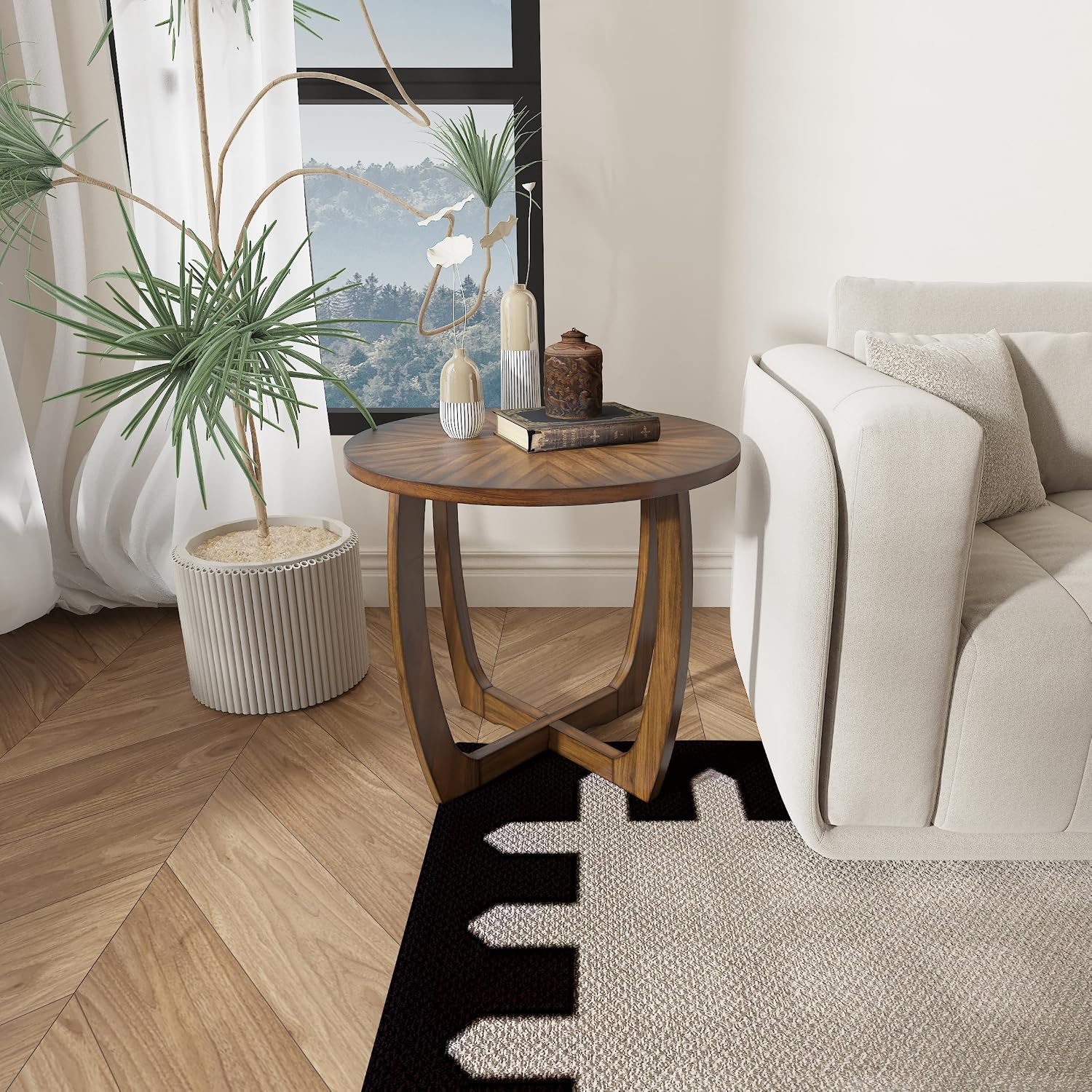 3-Piece Living Room Table Set, Farmhouse Solid Wood Table Set, Included Round Coffee Table and 2 End Tables with Criss-Cross Legs for Apartment Home Office, Accent Furniture, Brown Tea