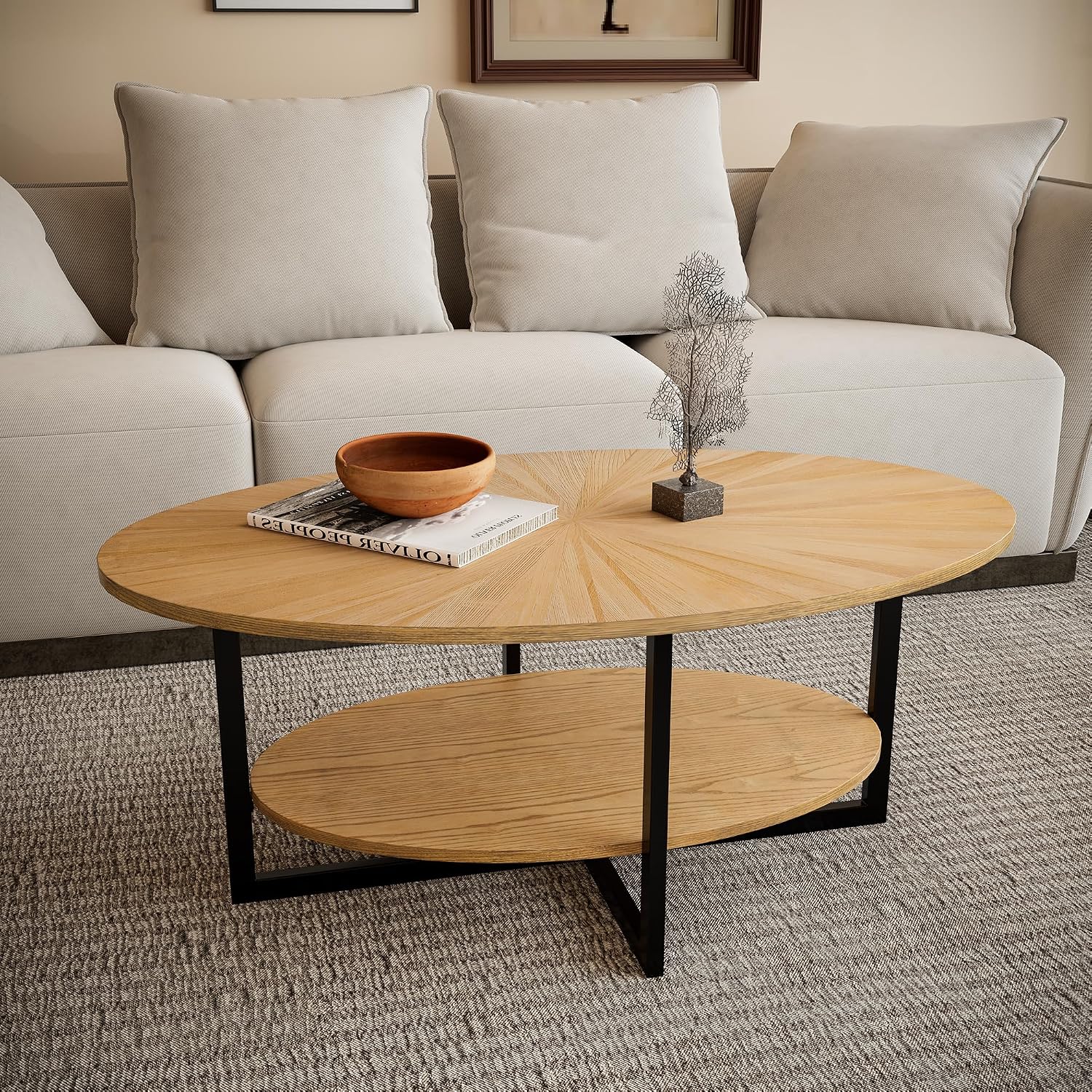 Solid Wood Oval Coffee Table with Cross Metal Legs, 43.3in Modern Industrail Center Table with Open Shelf Cocktail Tea Table for Living Room Bedroom, Natural Wood Color KFZ-1811-OA
