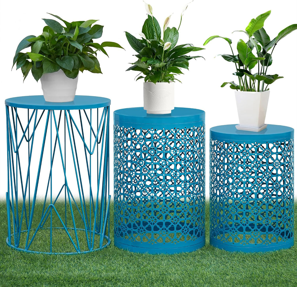 HFHOME Set of 3 Heavy-Duty Round End Table, Side Table, Coffee Table for Indoor Multifunctional Use, Outdoor Decorative Garden Stool Plant Stand-Blue