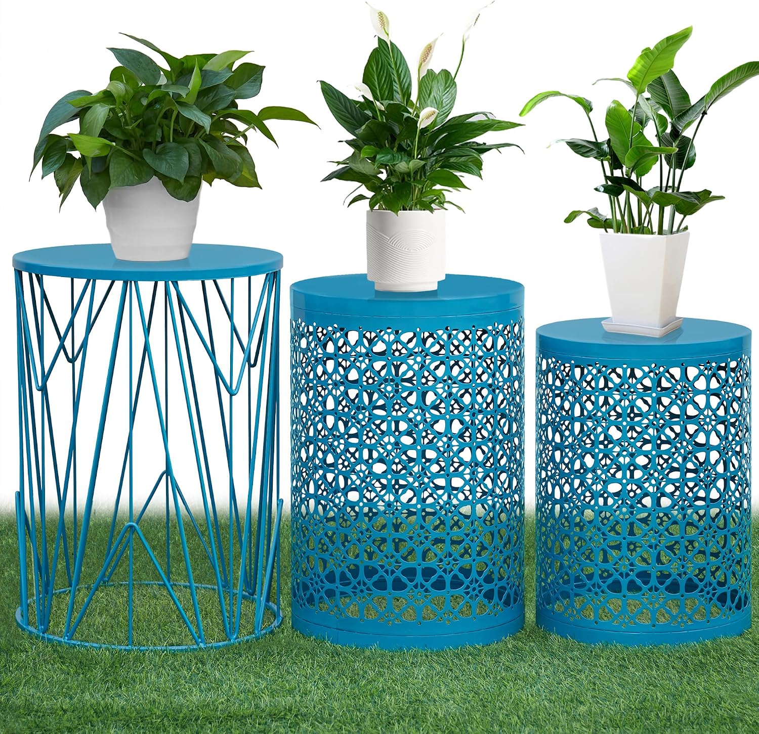 HFHOME Set of 3 Heavy-Duty Round End Table, Side Table, Coffee Table for Indoor Multifunctional Use, Outdoor Decorative Garden Stool Plant Stand-Blue
