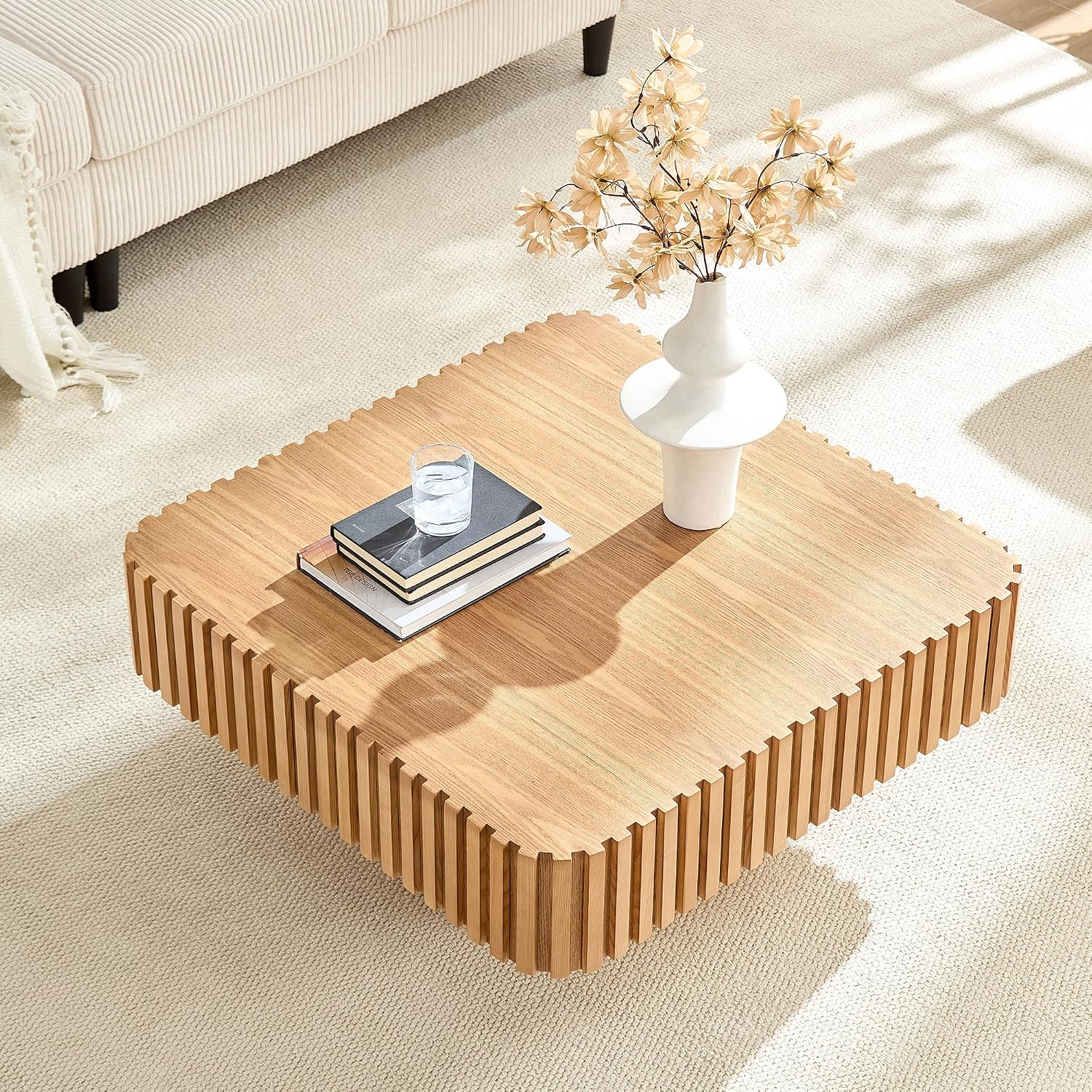 31.49'' Square Coffee Table for Living Room, Modern Wood Drum Pedestal Flute Embossment Coffee Table, Easy Assembly, Oak