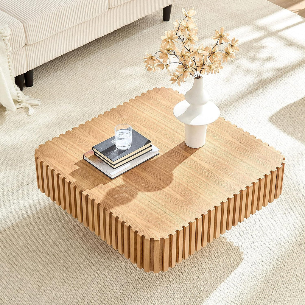 WILLIAMSPACE 35.43' Square Coffee Table with Sturdy Base, Modern Luxury Wood Drum Center Table Accent End Side Table for Living Room, Minimalist Fluted Design, Oak