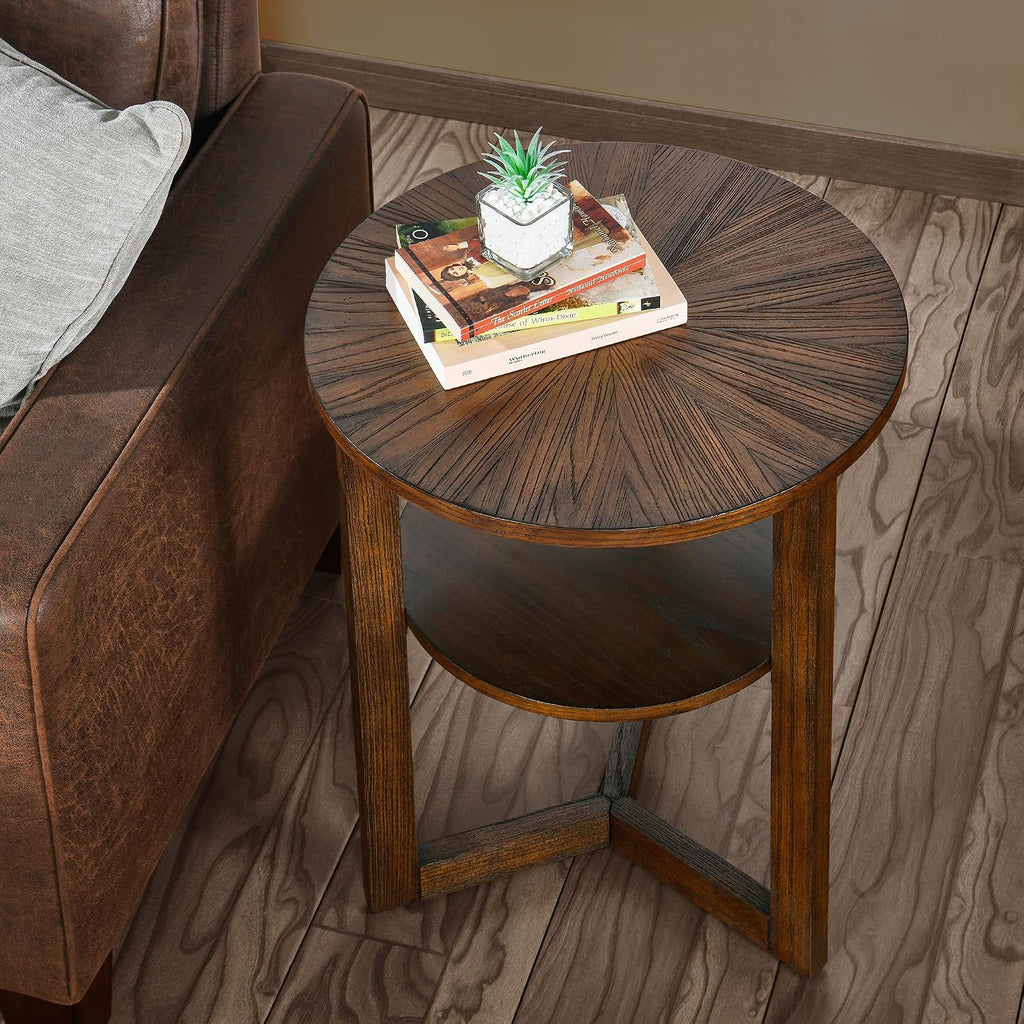 PADMA HOUSE 19.3' Round Wood End Table, 2-Tier Solid Wood Rounded Accent Side Table Circle Nightstand Table with Storage Shelf Vintage Furniture for Home Living Room Bedroom,Rustic Brown 3338NC