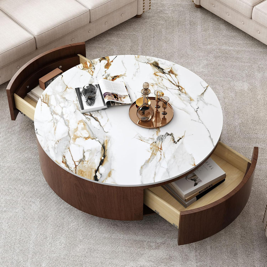 35' Round Coffee Table with Storage,Faux Marble Coffee Table with Drawers and Sintered Stone Top,Circle Coffee Table,Modern Center Tables for Living Room(Walnu,White)