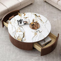 35' Round Coffee Table with Storage,Faux Marble Coffee Table with Drawers and Sintered Stone Top,Circle Coffee Table,Modern Center Tables for Living Room(Walnu,White)