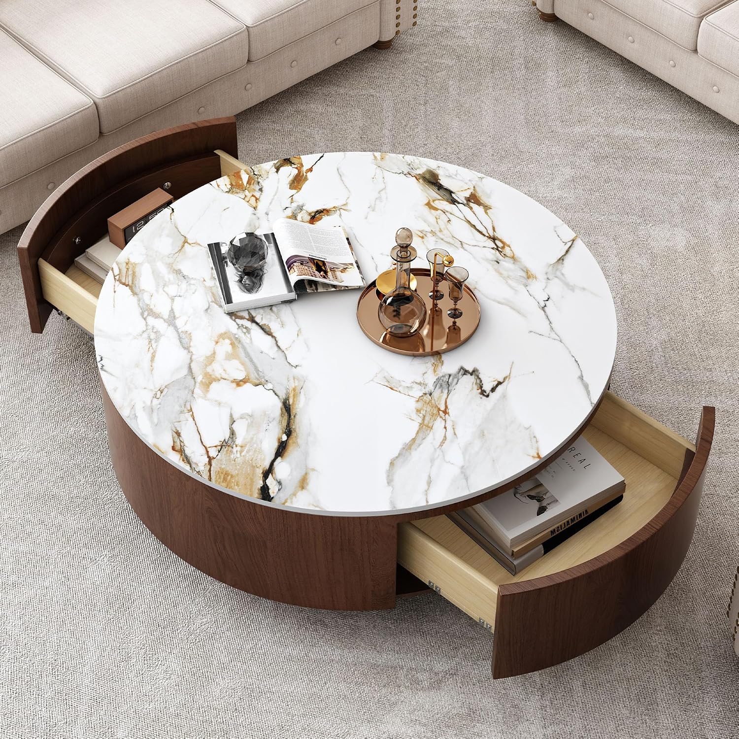 35' Round Coffee Table with Storage,Faux Marble Coffee Table with Drawers and Sintered Stone Top,Circle Coffee Table,Modern Center Tables for Living Room(Walnu,White)
