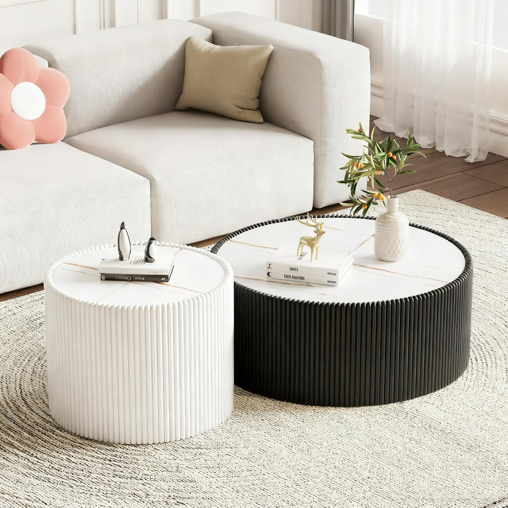 Modern Round Coffee Table Set of 2 Luxury Sintered Stone Top Coffee End Table in Black/White Leatherette Drum-Shape Small Coffee Side End Tables for Living Room,Fully Assembled