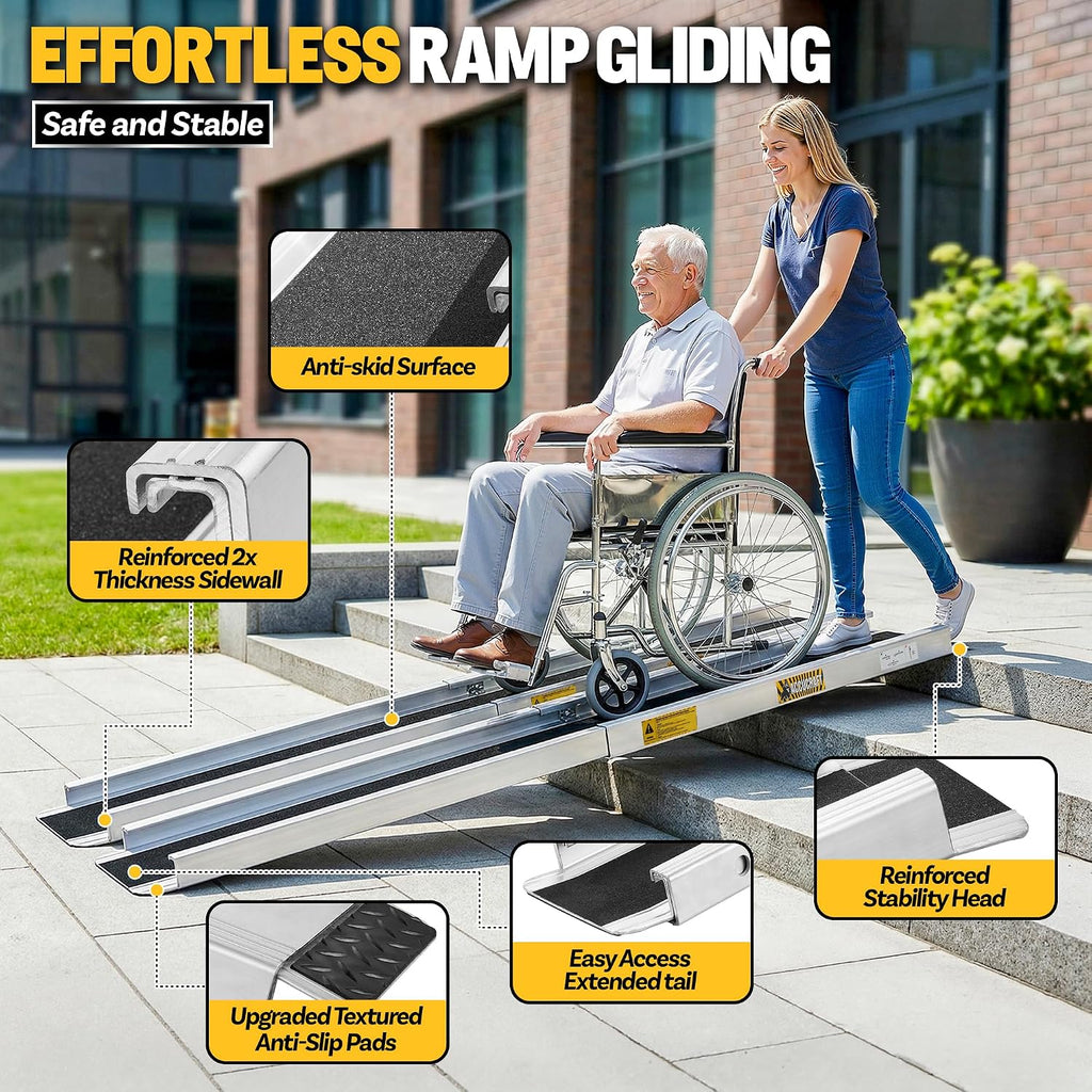 Upgrade 7FT Portable Wheelchair Ramp 2 Pack, 1200 LBS Heavy Duty Load Capacity, Adjustable Aluminum Threshold Ramp with Handle, Non-Slip Handicap Ramp for Home Steps, Doorways, Curbs, Stairs, Vehicles