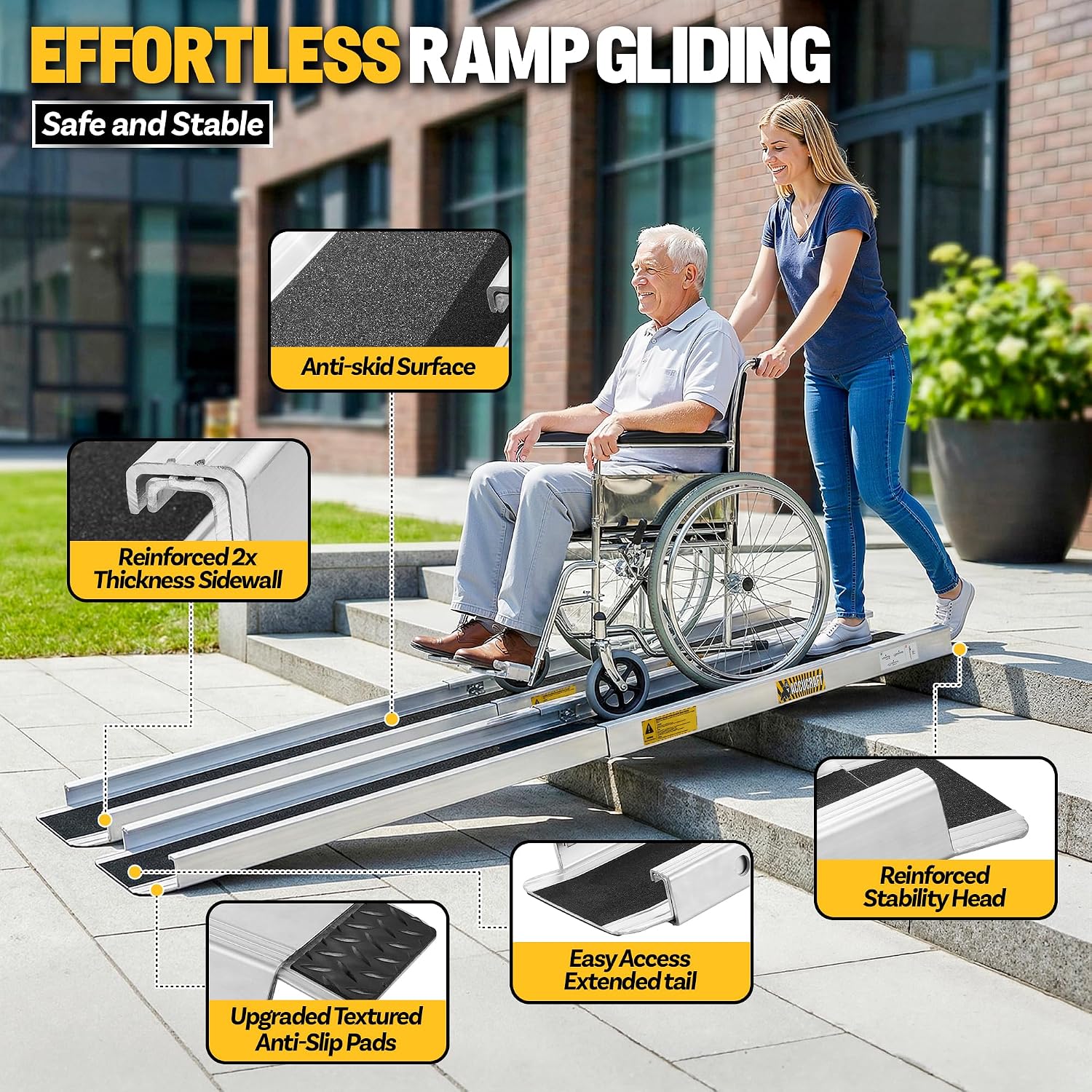 Upgrade 7FT Portable Wheelchair Ramp 2 Pack, 1200 LBS Heavy Duty Load Capacity, Adjustable Aluminum Threshold Ramp with Handle, Non-Slip Handicap Ramp for Home Steps, Doorways, Curbs, Stairs, Vehicles