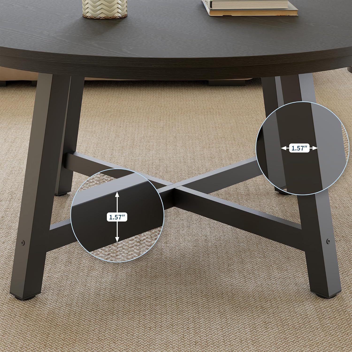 36' Round Coffee Table for Living Room, Large Circle Center Table with Wood Grain Top, Thick Metal Legs & Adjustable Feet, Modern Round Coffee Tables for Apartments Homes Easy Assembly, Black