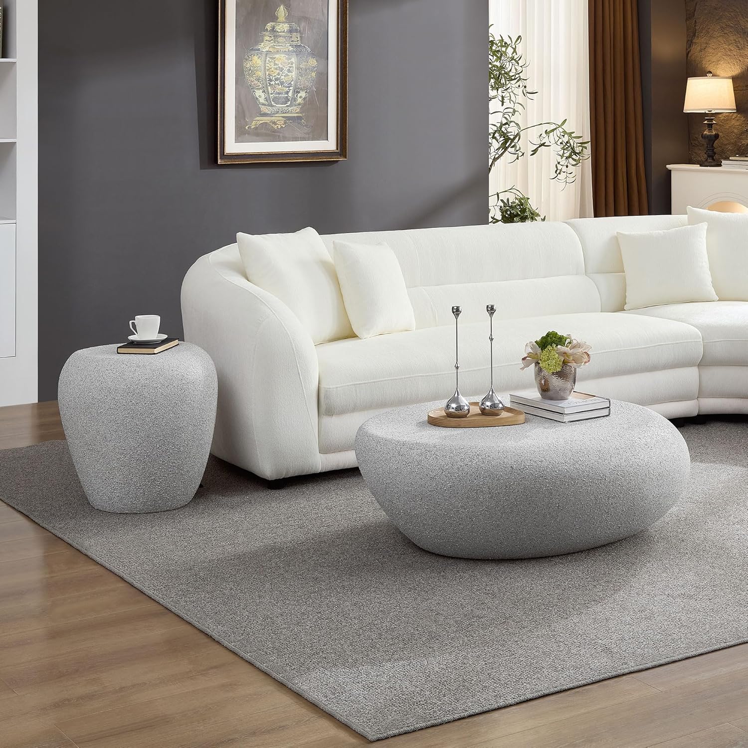 Faux Rock Coffee Table Set with Lightly Rought Rock Design,Irregular Drum Coffee Table Set with Side Table,Fiberglass Accent Stone-Like Central Table for Living Room,No Assembly