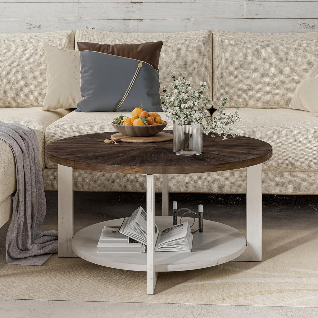 Round Wood Coffee Table with Distressed Finish Top, Two-Tone Living Room Table with Lower Storage Shelf, Farmhouse Center Table, Large Circle, Brown and White