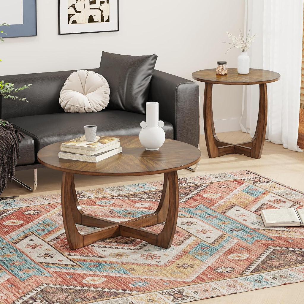 2-Piece Living Room Table Set, Farmhouse Solid Wood Table Set, Included Round Coffee Table and 1 End Table with Criss-Cross Legs for Apartment Home Office, Accent Furniture, Brown Tea