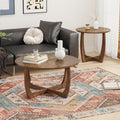 2-Piece Living Room Table Set, Farmhouse Solid Wood Table Set, Included Round Coffee Table and 1 End Table with Criss-Cross Legs for Apartment Home Office, Accent Furniture, Brown Tea