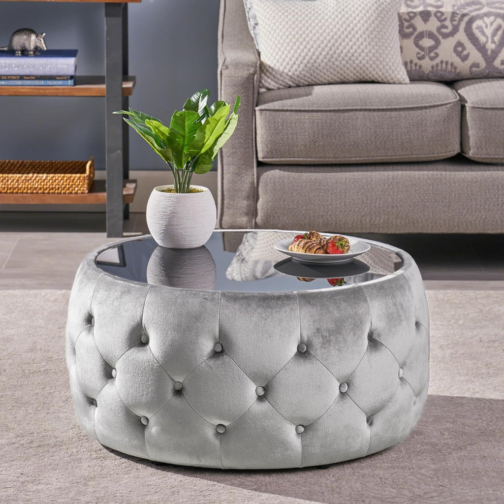 30' Round Velvet Ottoman Coffee Table, Button Tufted Coffee Table with Tempered Glass Top Modern Upholstered Tufted Velvet Cocktail Center Table for Living Room, Fully Assembled (Gray)
