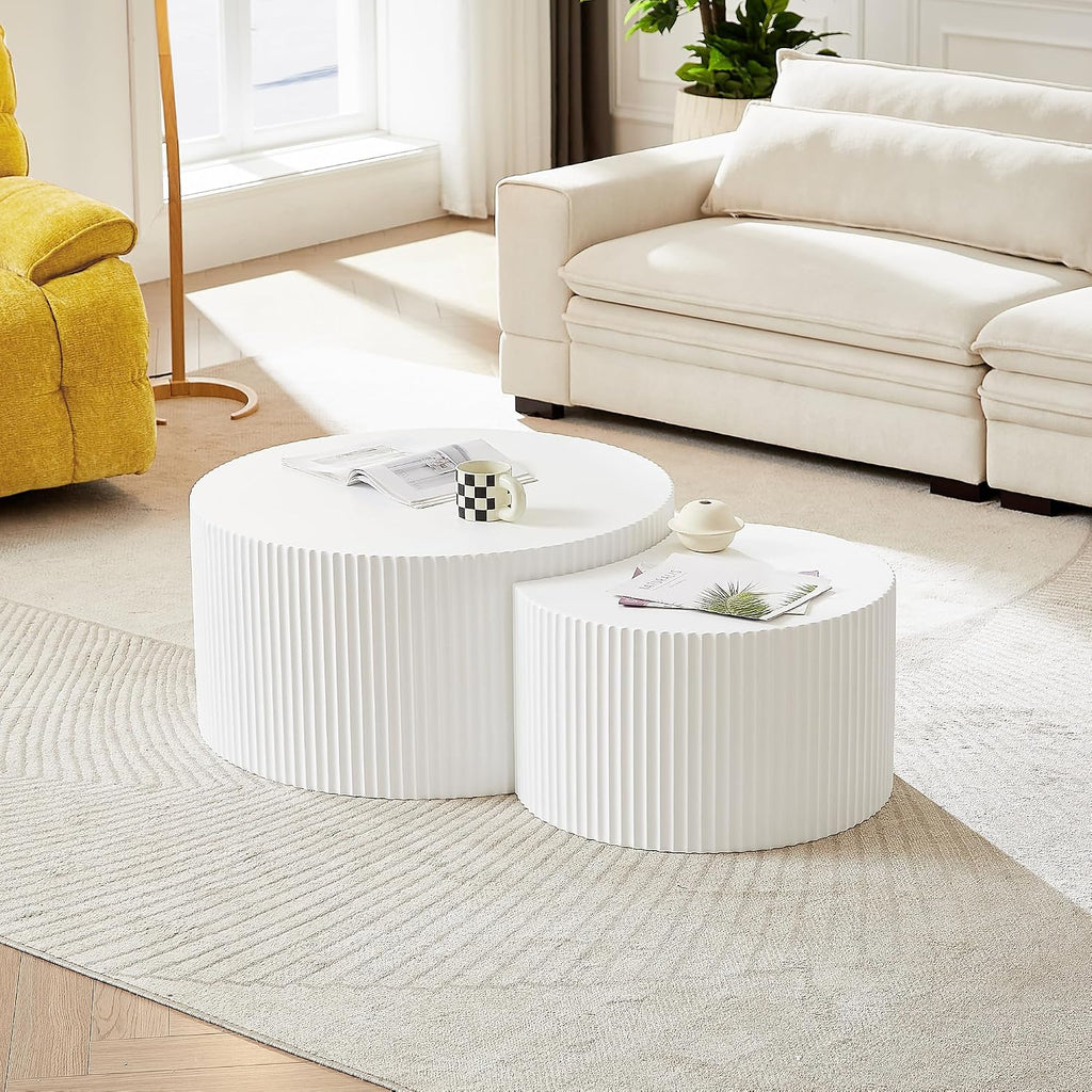 Nesting Coffee Table Set of 2, Modern Round Coffee Table End Table Set for Living Room, Wood Circle Drum Side Table,White
