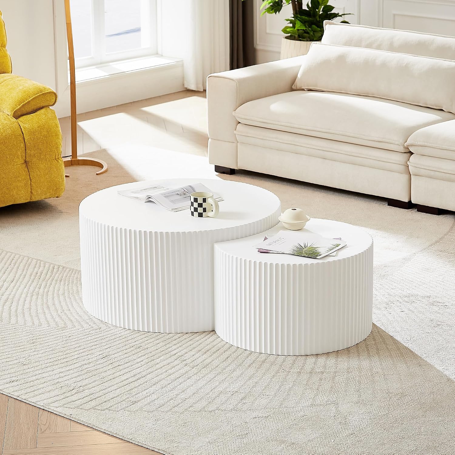 Nesting Coffee Table Set of 2, Modern Round Coffee Table End Table Set for Living Room, Wood Circle Drum Side Table,White
