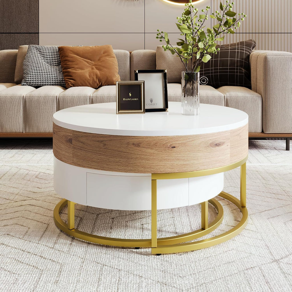 Round Lift-Top Nesting Coffee Table Set of 2, Modern Coffee Table with 2 Storage Drawers, Circular Wood Center Table Set for Living Room, Apartment, White & Oak