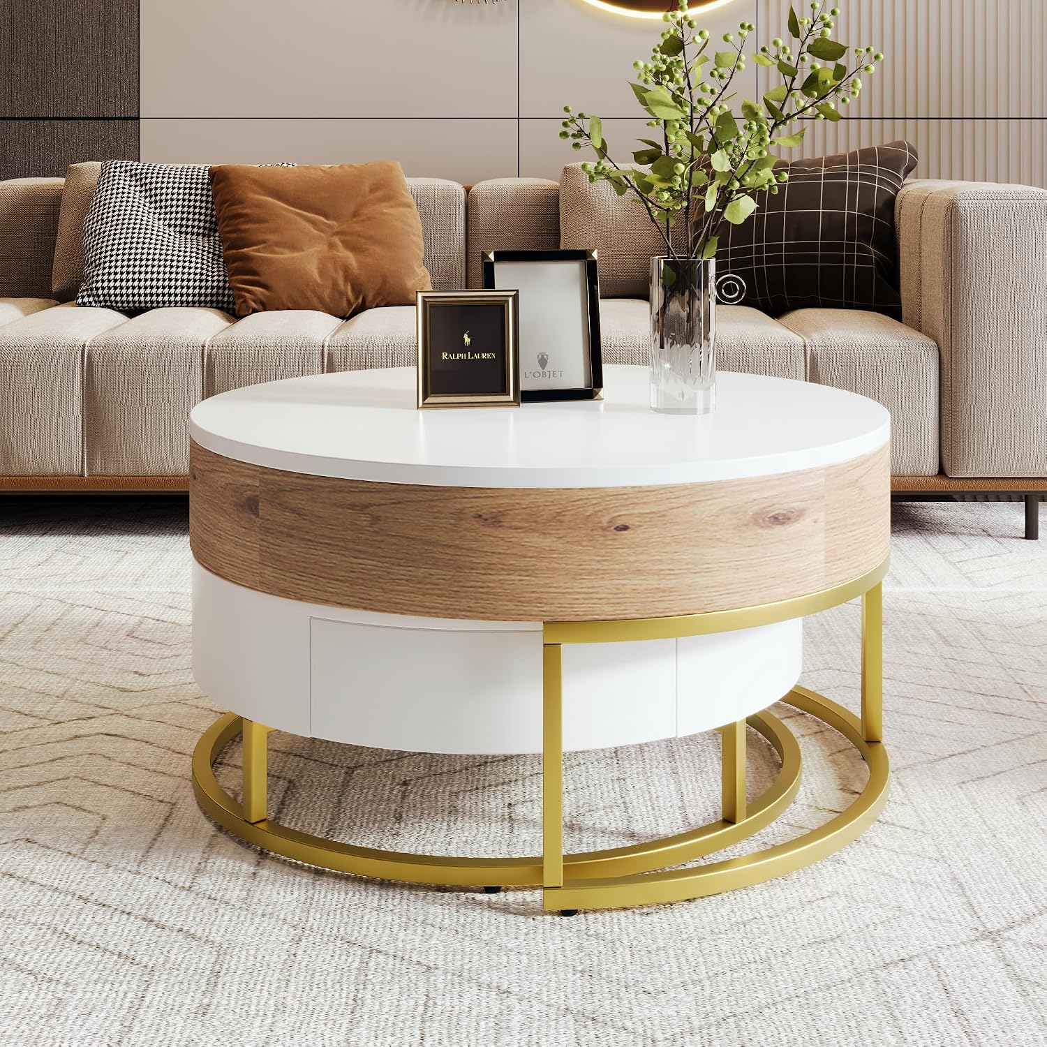 Round Lift-Top Nesting Coffee Table Set of 2, Modern Coffee Table with 2 Storage Drawers, Circular Wood Center Table Set for Living Room, Apartment, White & Oak