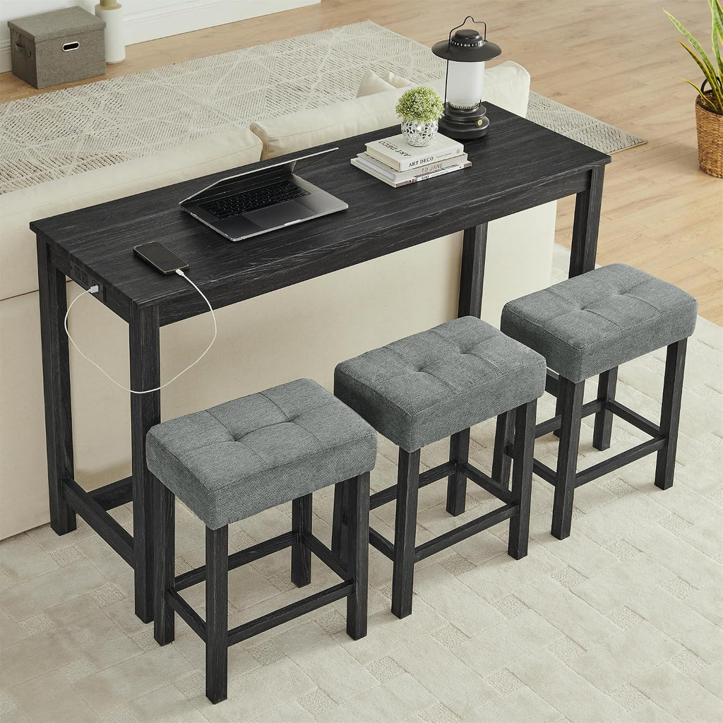 Merax 59' Bar Table Set with Power Outlet,Industrial Breakfast Table with 3 Upholstered Stools w/Footrest,4 Piece Counter Height Bar Table and Chair Set for Living Room,Dining Room,Kitchen,Black