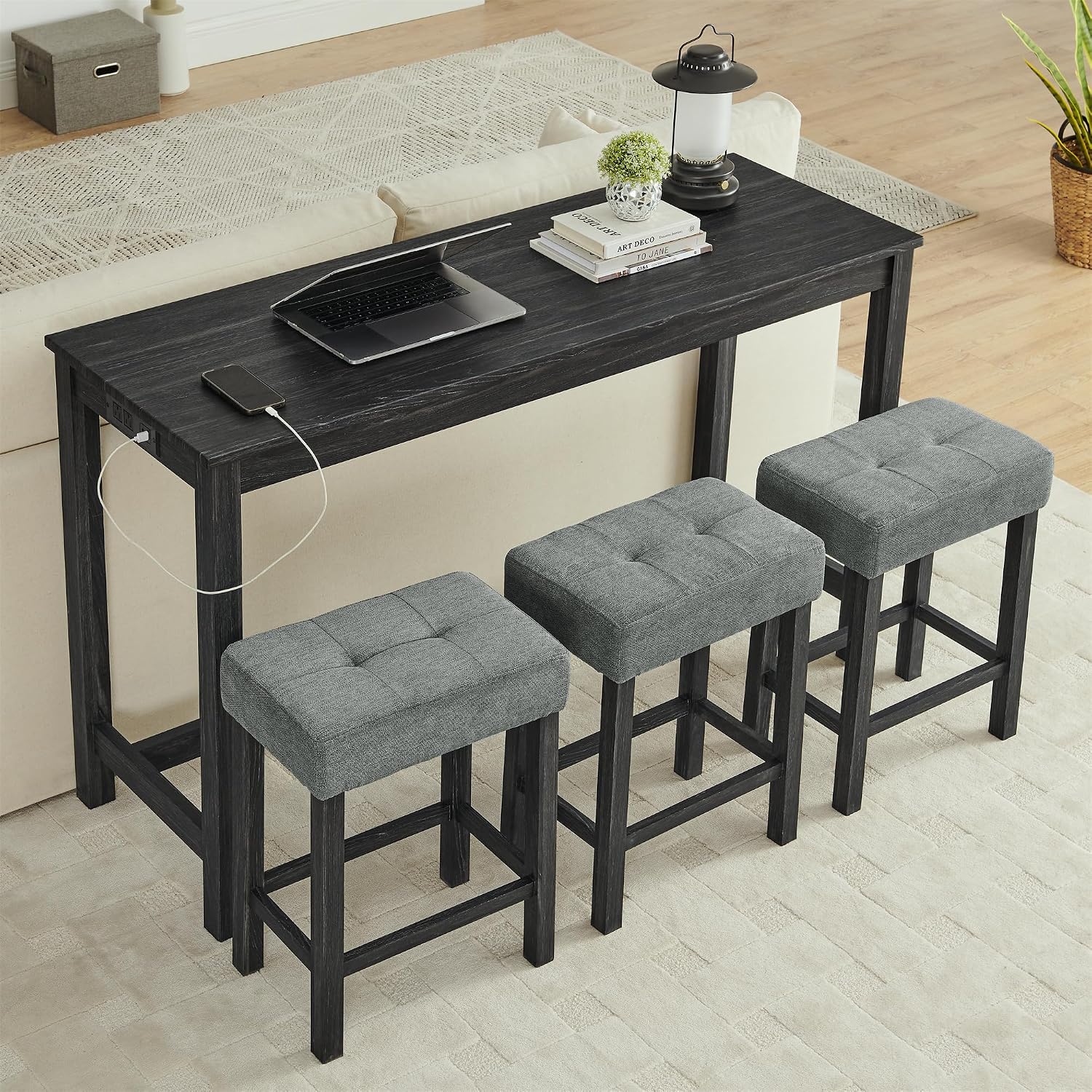 Merax 59' Bar Table Set with Power Outlet,Industrial Breakfast Table with 3 Upholstered Stools w/Footrest,4 Piece Counter Height Bar Table and Chair Set for Living Room,Dining Room,Kitchen,Black