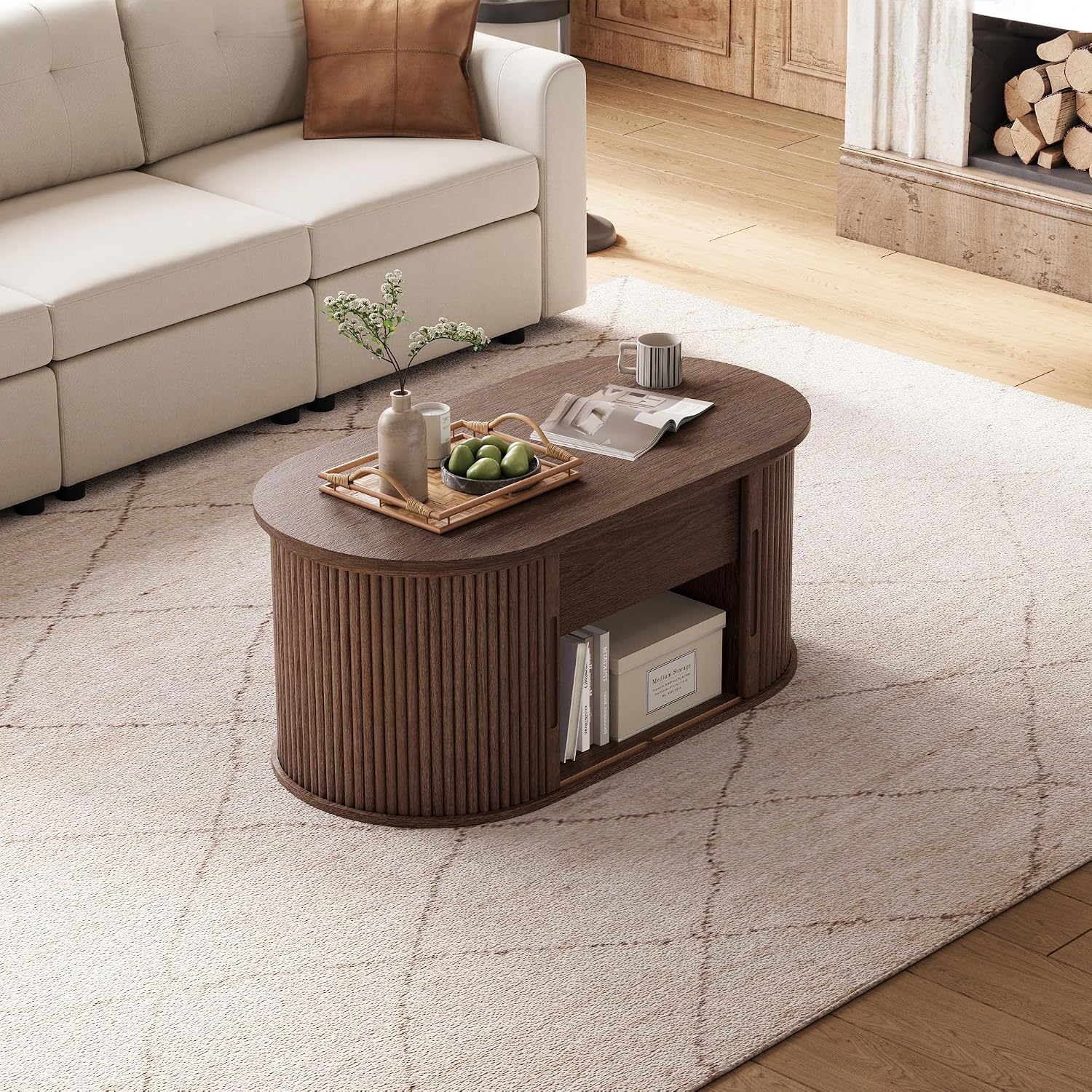 LINSY Lift Top Coffee Table, Oval Fluted Coffee Table with Storage, Mid Century Modern Wooden Coffee Tables with Sliding Tambour Door, 39' Center Table for Living Room, Office, Small Space, Walnut