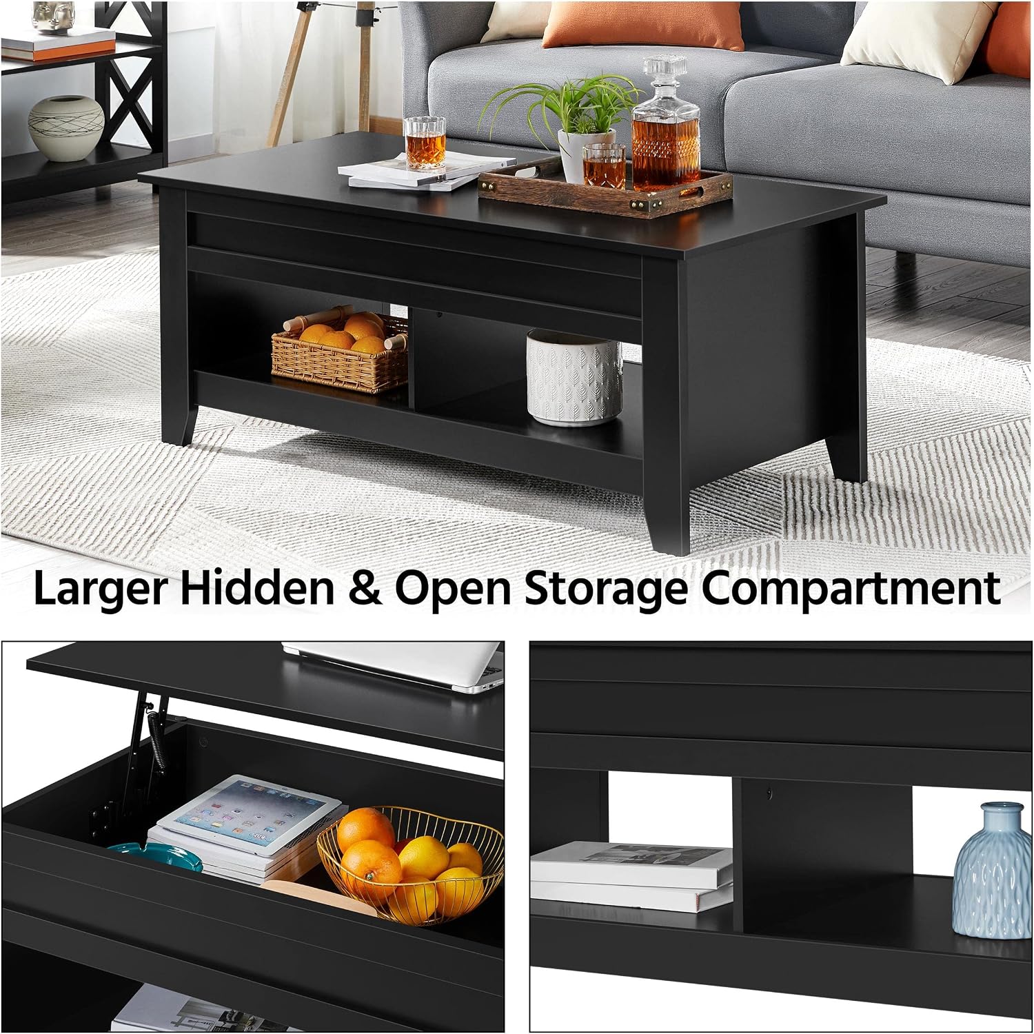 Yaheetech 47.5in Coffee Tables and 2PCS Side Tables Set, Lift Top Coffee Table with Storage and 3 Tier End Table with Storage Shelf for Living Room Black